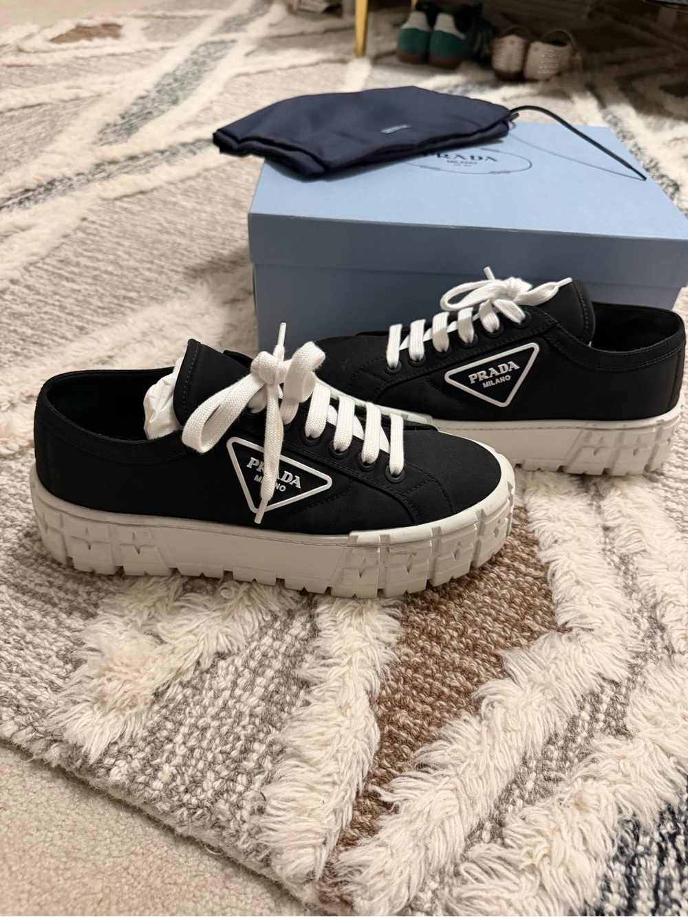 Prada Double Wheel Re-nylon Gabardine Women Sneakers - Black/white